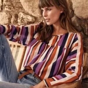 XiRENA Mia Madrid Striped Cotton & Silk Flowy Blouse Size Medium